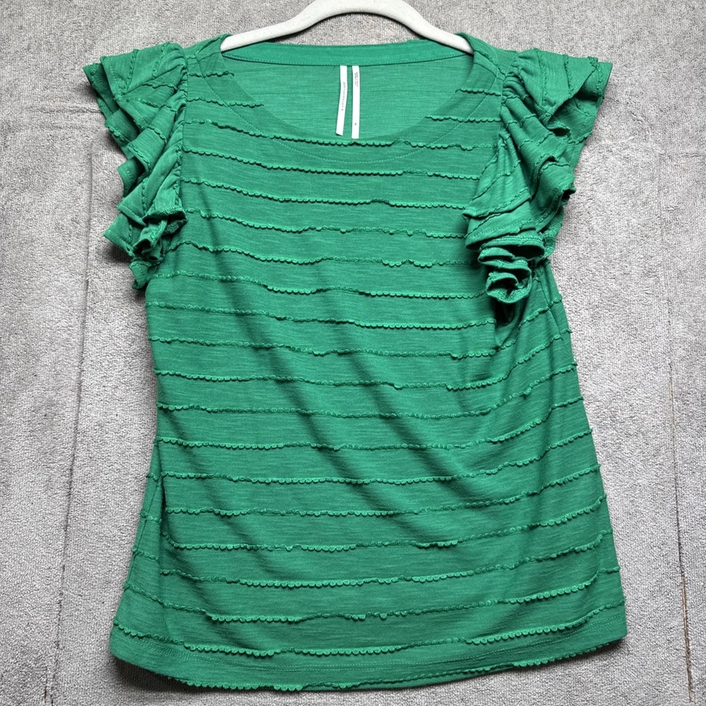 Anthropologie Women's Green Top XS Ruffle Scallop Sleeve Knit Minimal Cottage